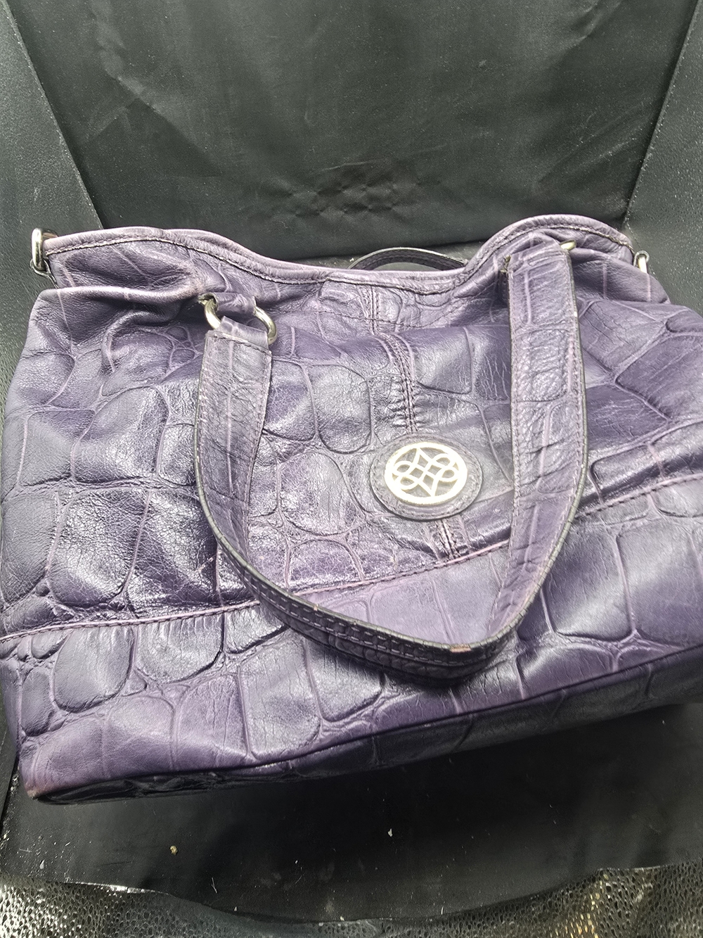 ANTONIO MELANI Purple Croc-Embossed Shoulder Tote with Silver Medallion